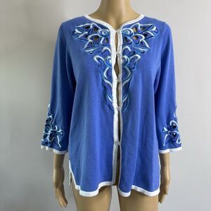 BOB MACKIE Wearable Art Blue Embroidered Cardigan Sweater Cutout Floral Granny S